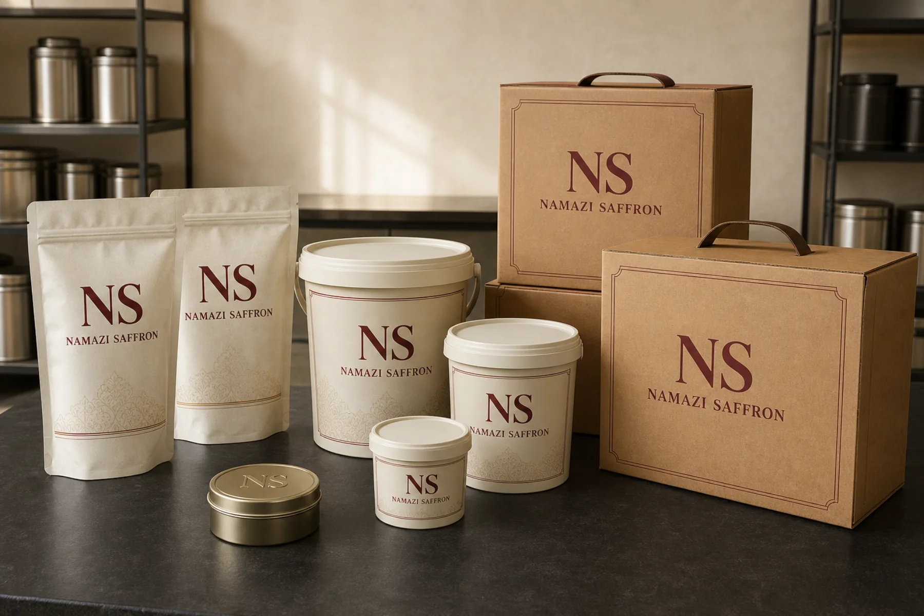 Namazi Saffron NS-branded bulk, foodservice, and export packaging