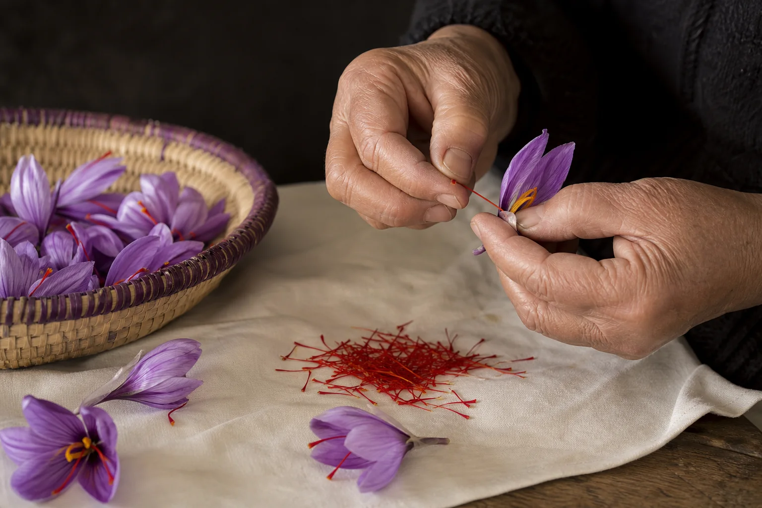 Careful hand separation of saffron stigmas from crocus flowers